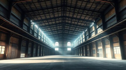 Expansive Industrial Warehouse Interior with Ambient Sunlight Illumination