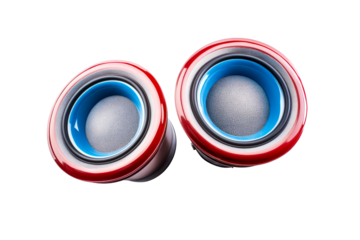 Pair of modern round speaker drivers with metallic grille and blue accents