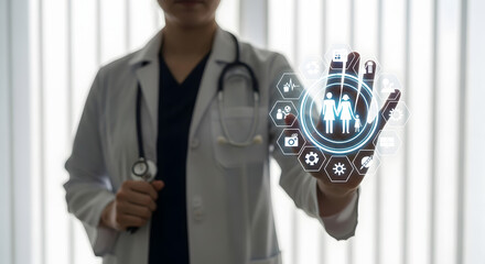 Doctor using digital interface for healthcare and medical information access
