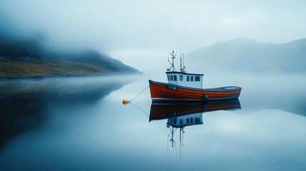 A single, isolated fishing boat (no people) moored in a misty highland loch, its reflection perfectly mirrored in the still water, tranquil.