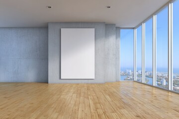 Fototapeta premium Modern empty room with large blank canvas and city view