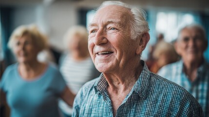 Medium shot capturing a lively eldercare circle dance highlighting a smiling senior man in clear detail as the rest of the group dances softly blurred behind him.