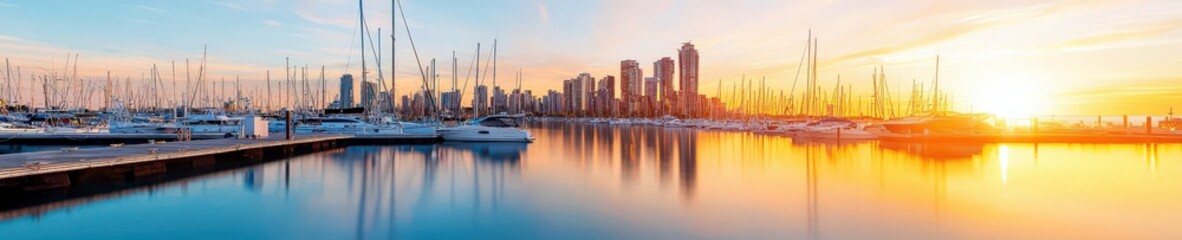 Obraz premium A beautiful sunset over a marina with many boats. The water is calm and the sky