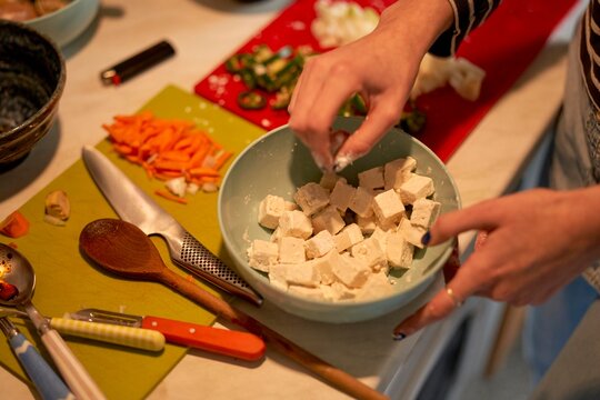 Cooking Tofu With Fresh Vegetables in a Home Kitchen Setting