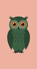 Fototapeta premium A stylized, flat illustration of a cute green owl with large orange eyes, perched and looking forward against a solid pink background.