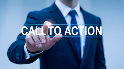 Confident businessman presses glowing "Call to Action" button on digital interface