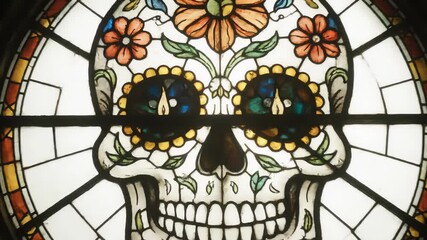Detailed stained glass art featuring a skull motif with floral accents in vibrant colors, backlit on a stone wall with a circular window frame. - Powered by Adobe
