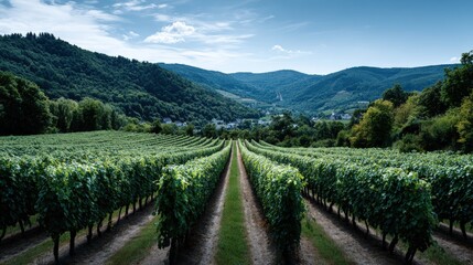 Naklejka premium Lush vineyard rows stretch across a hillside landscape.