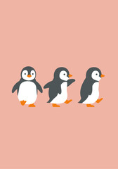 Naklejka premium Three cute cartoon penguins walking in a line on a pink background.