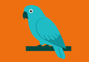 Fototapeta premium A flat design illustration of a bright blue parrot perched on a branch against a solid orange background.