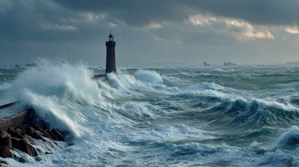 Powerful stormy waves crashing against lighthouse