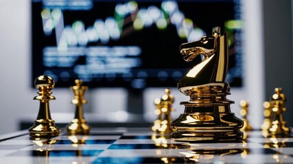 Gold chess pieces with a strategy display in background at an indoor gaming session