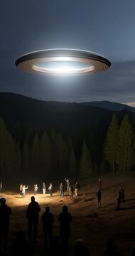 Contact with extraterrestrial civilizations. UFO - alien spaceship at night. Several people are fascinated looking at the UFO. Zoom in 4k vertical footage.