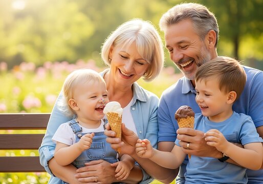 Happy family enjoying ice cream outdoors. Grandparents and grandchildren laughing, sharing sweet summer moments in a sunny park. Generational joy, fun activity.