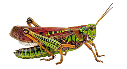 Colorful grasshopper isolated on transparent background, detailed view of insect with vibrant colors and intricate patterns