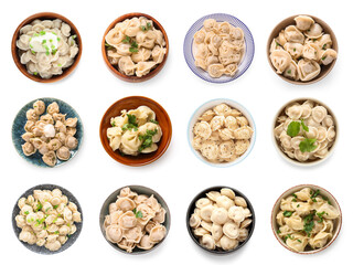 Set of bowls with tasty dumplings on white background, top view