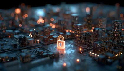 Futuristic city model with glowing padlock, symbolizing cybersecurity and data protection in a smart city.