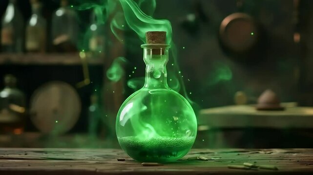 Glowing green potion bottle in laboratory setting