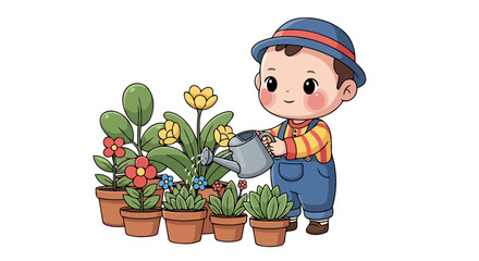cute child gardener nurturing colorful potted plants