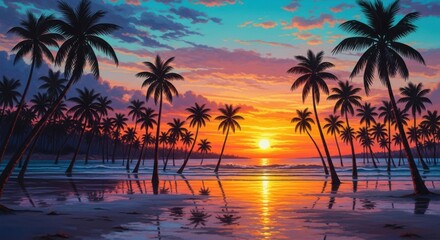 A breathtaking tropical sunset paints the sky with vibrant hues of orange pink and blue casting a golden reflection on the calm ocean water with silhouetted palm