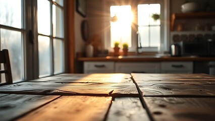 A rustic wooden table bathed in morning sunlight, creating a warm and inviting kitchen atmosphere.