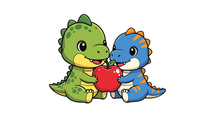 Fototapeta premium adorable dinosaur duo sharing a red apple perfect for kids education