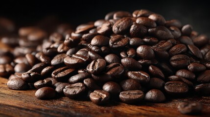 Fototapeta premium Roasted coffee beans pile on wooden surface