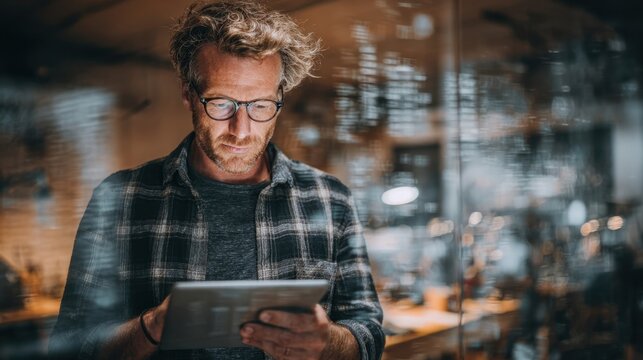 Focused software developer is using a digital tablet in a modern office, with lines of code displayed on the window, highlighting the integration of technology and work