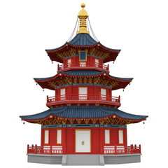 Traditional multitiered red and blue pagoda temple with ornate golden roof, isolated on transparent background