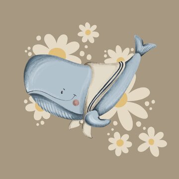 Beautiful blue whale surrounded by flowers