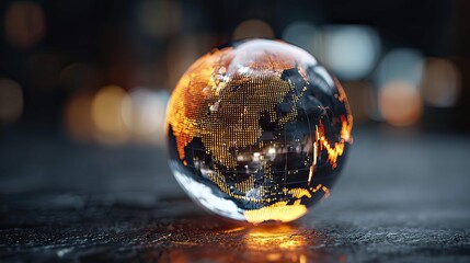 a close up photograph of a transparent globe glowing with lighted by its internal illumination, emphasizing its spherical shape and the patterns resembling a map