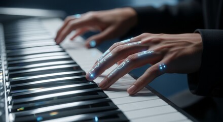 Fototapeta premium Hands with cybernetic enhancements playing piano keys