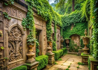 Muted stone walls with intricate carvings of vines and lush greenery