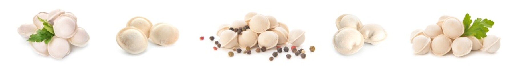 Set of raw dumplings on white background