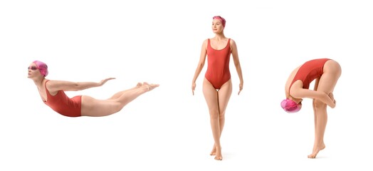 Set of young female swimmer on white background