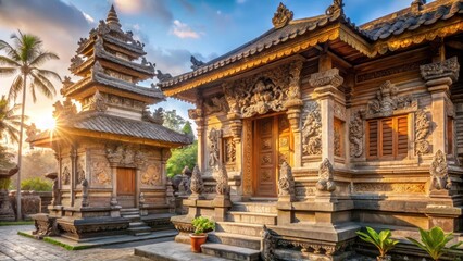 Naklejka premium Traditional Javanese architecture with intricate stone carvings and ornate wooden decorations in the morning light