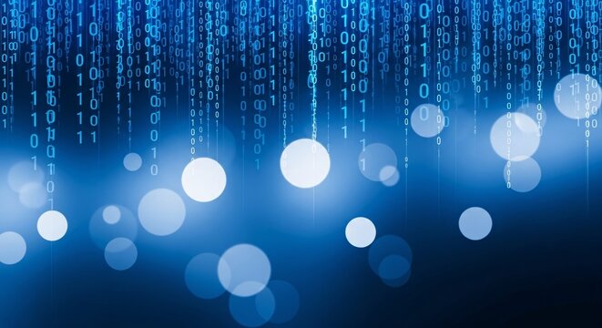 Blue background with falling binary code and bokeh lights creating a digital atmosphere effect visually