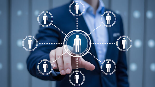 Professional man connects with network of people through digital interface