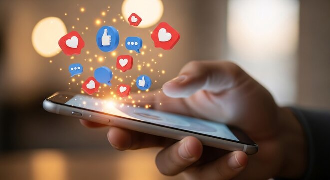 Hand using smartphone with social media icons floating above the mobile device in a blurred background