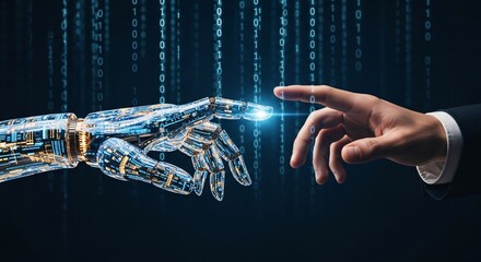 Human hand reaching out to a robotic hand with binary code in the background on a dark background