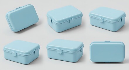 A set of light blue reusable plastic lunch boxes shown from multiple angles. Minimalist food storage container mockup on a plain background.