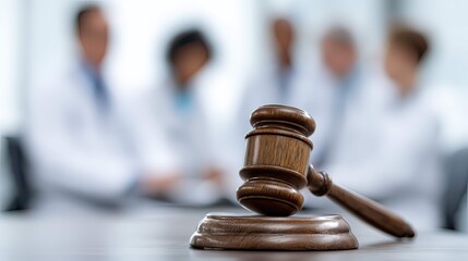 a formal setting with a group of professionals sitting around a table with a gavel prominently displayed on the right side, symbolizing legal proceedings or meetings
