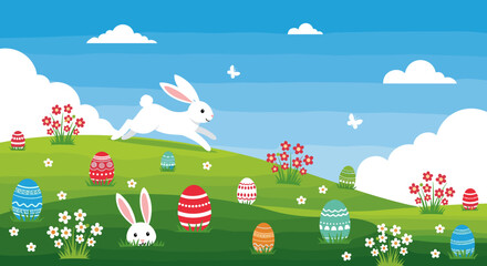 A cheerful white rabbit hops through a grassy field filled with colorful easter eggs and blooming flowers under a bright blue sky