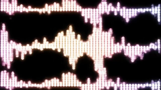 Vibrant abstract waveform patterns illuminate a dark background, depicting digital sound or scientific data visualization.