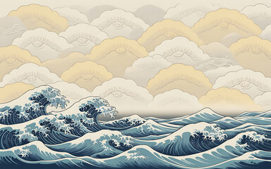Japanese woodblock print style waves and clouds Japanese art