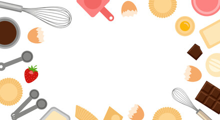 Baking ingredients and tools displayed in a decorative frame for a culinary theme with a blank space for text