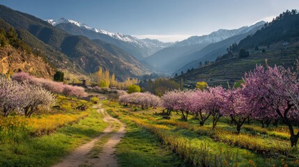 Obraz premium Springtime valley path with blooming fruit trees