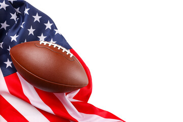 A football rests against a wrinkled American flag, isolated, PNG