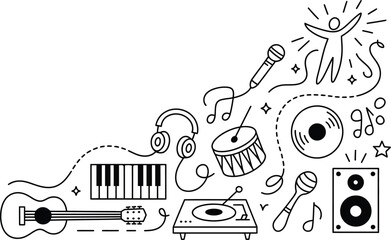 Obraz premium Music doodle elements with happy person and instruments