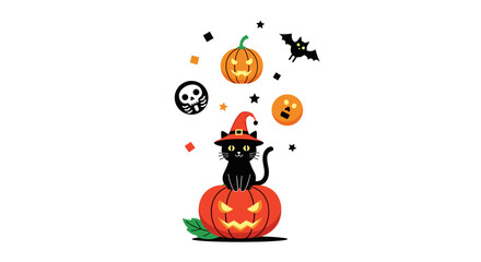 A spooky black cat in a witch hat sits atop a jack-o-lantern surrounded by halloween symbols